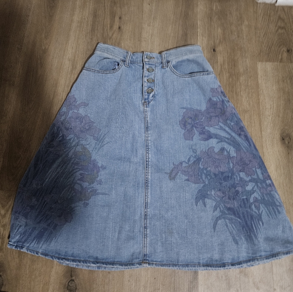 Pilcro Anthropologie denim screen printed floral skirt